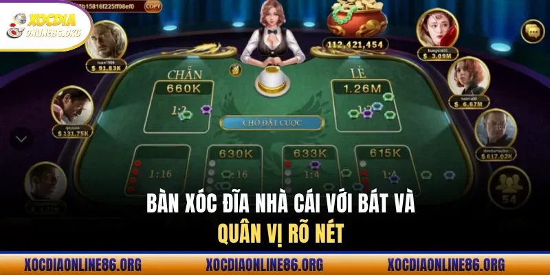 Bàn xóc đĩa nhà cái với bát và quân vị rõ nét